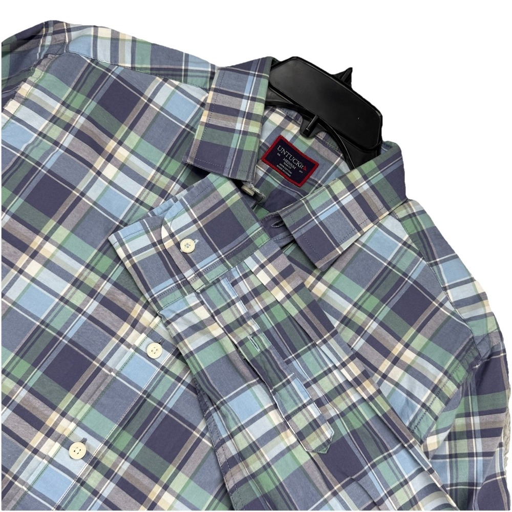 Untuckit Mens Blue Green Plaid Button Up Cotton Shirt M